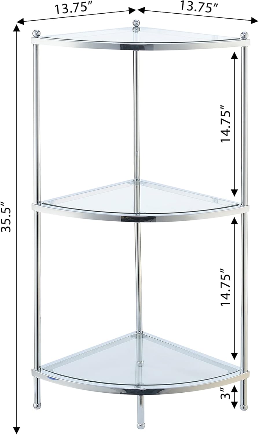 Convenience Concepts Royal Crest 3 Tier Corner Shelf, Chrome / Glass