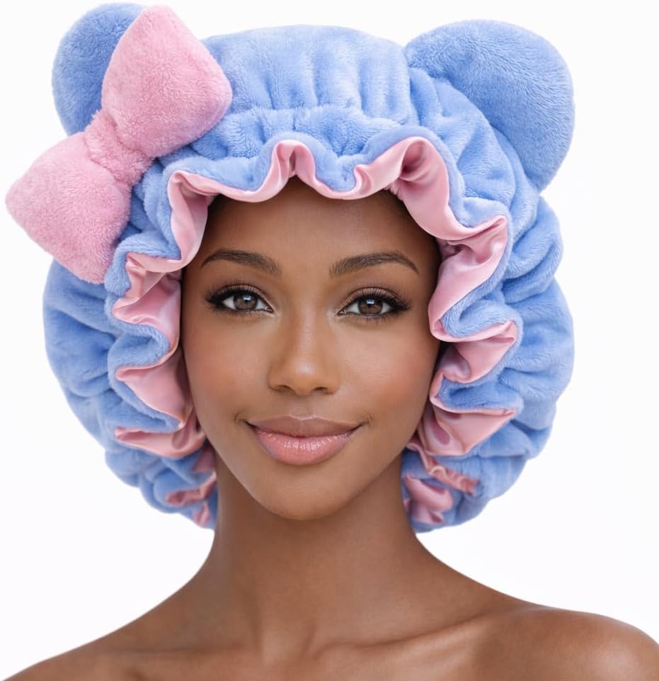 Cute Plush Animal Ear Hair Bonnet for Women - Warm Silky Satin Lined Sleep Cap for Curly Hair. Cat, Bear, and Leopard Designs - Baby Blue