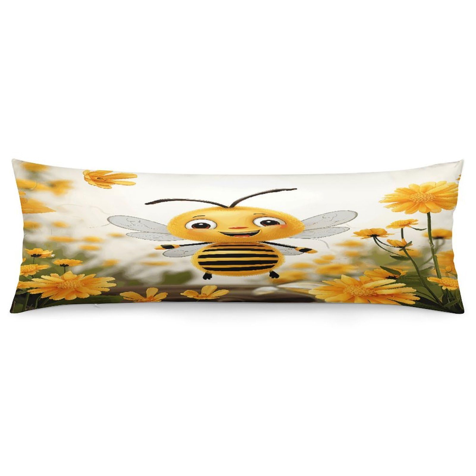 Cute Bees Daisy Flower Body Pillow Cover Soft Full Long Pillow Cover Decorative Large Pillow Case Cozy Body Pillow Pillowcase Pillow Shams for Bed Sofa Couch Room Decor 18.9 X 53 Inch