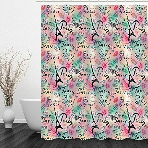 AMDXD Duschvorhang 120x180cm, Lippe Drucken und Turm Badewanne Vorhang aus Polyester Stoff mit 12 Duschvorhangringen, für Badewanne Badezimmer, Schnelltrocknend, Waschbar, Grün Rosa 47x71″