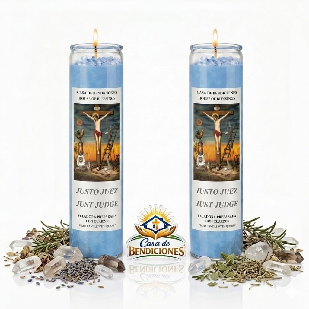 Justo JUEZ Vela PAQUETE DE 2- Judge JUST Candle 2 Pack, Veladora Preparada con Cuarzos-Fixed Candle with Quartz, Casa de Bendiciones- House of Blessings (2)
