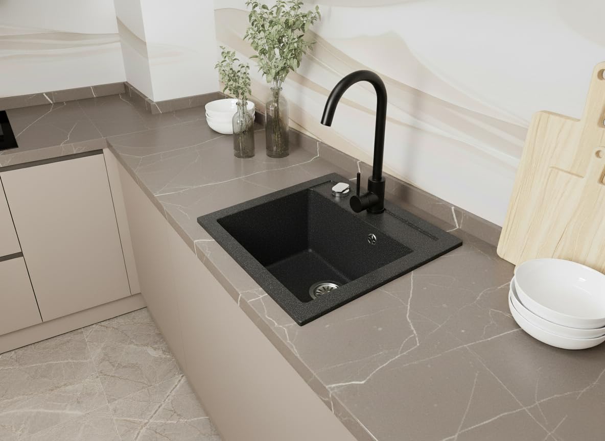 Faizee Home | Spülbecken Granit Schwarz 49x52 cm | Hochwertige Küchenspüle & Einbauspüle | Eckiges Spülbecken | Beidseitig montierbare Granitspüle | Einbaugranitspüle ab 45 cm | Inkl. Siphon-Set