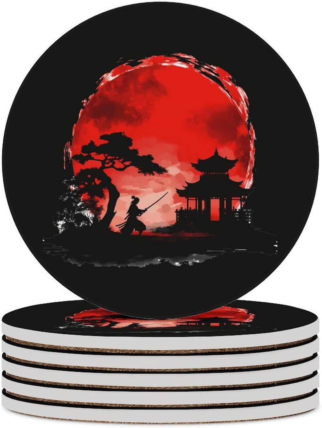 Japanese Oriental Asian Bushidos Coasters for Drink Round Ceramic Coaster with Cork Base Home Decorative 6PCS