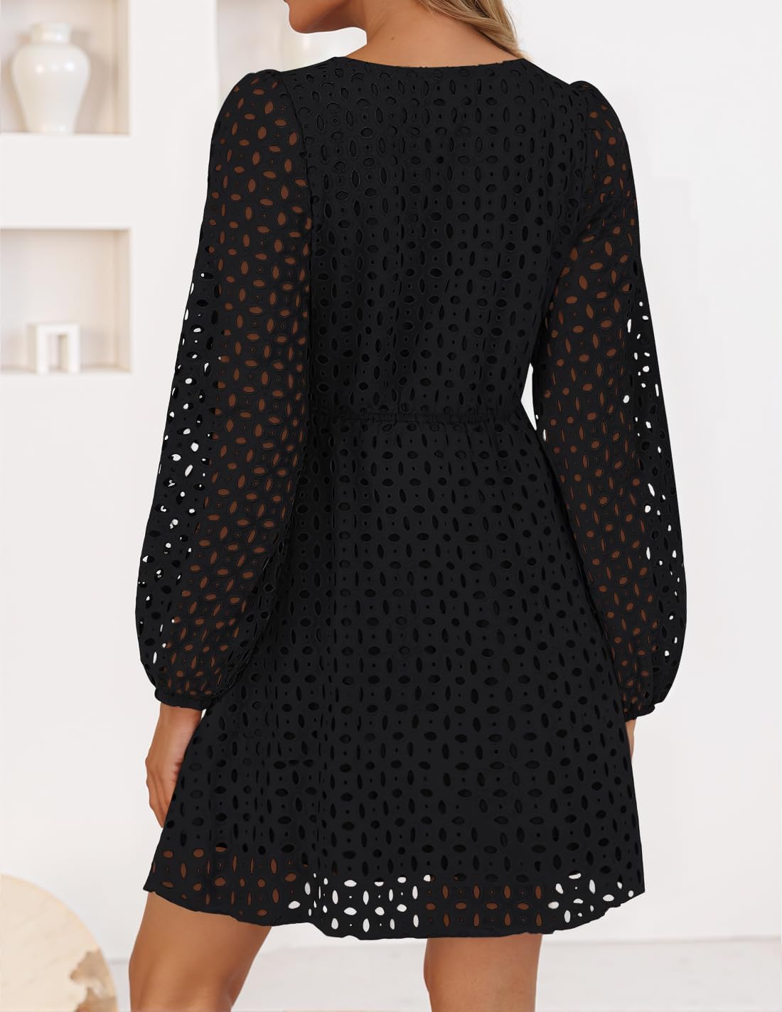 ZESICA Women's Long Sleeve Mini Dress 2026 Fall Crewneck Tie Front Hollow Out Eyelet Babydoll A Line Short Dresses - Image 5