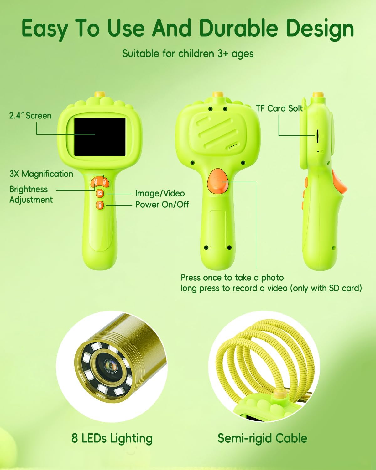 Borescope Camera with Light for Kids, Ashfly STEM Science Educational Toy for 3 4 5 6 7 8 Years Old Boys & Girls, 2.4" Screen Snake Scope Camera for Birthday Outdoor Camping Nature Exploration-Green