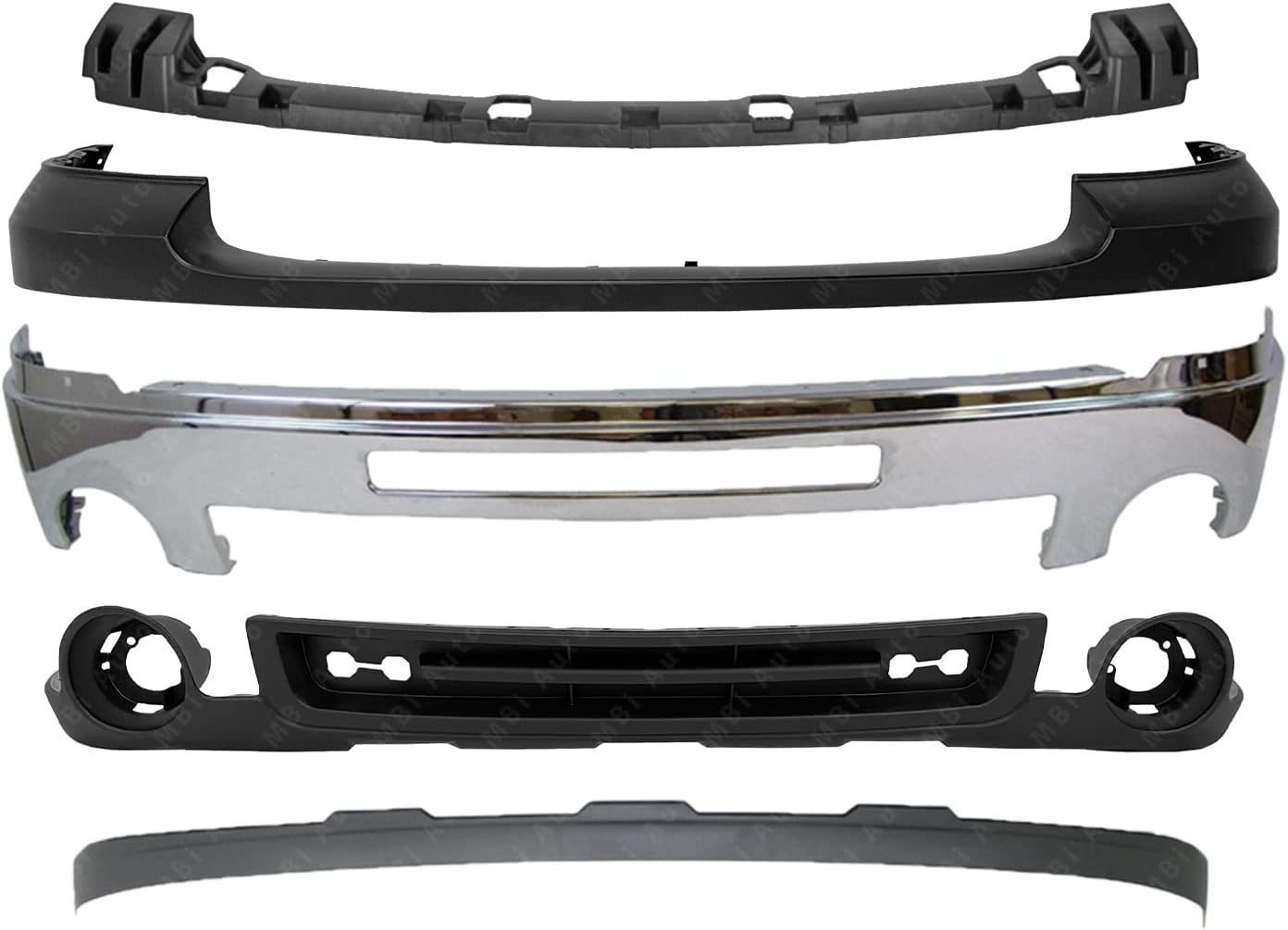 Chrome Steel Front Bumper 5-PC Kit for 2007-2013 GMC Sierra 1500 - OE Fit, Triple-Plated, Pre-Drilled Holes