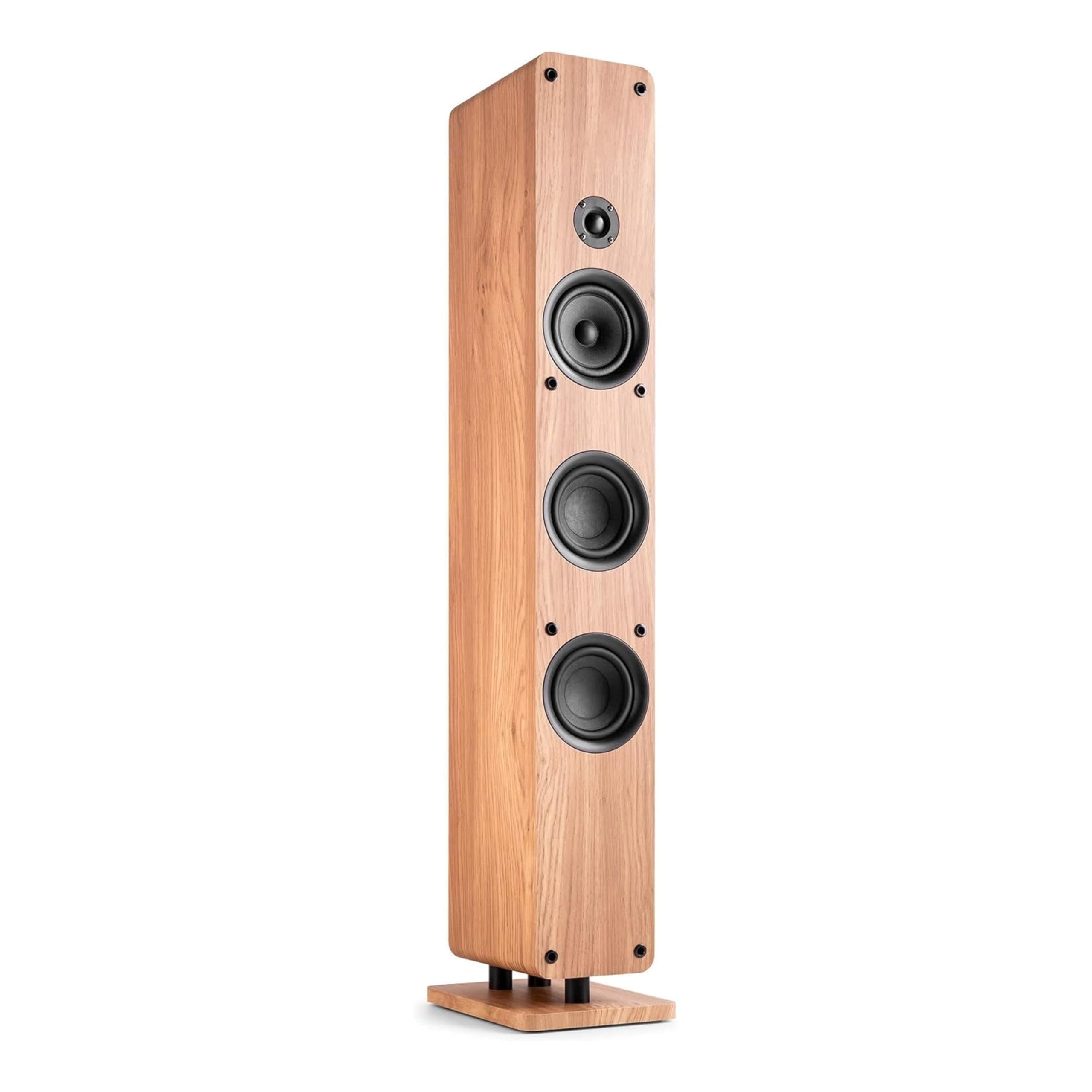 Audizio Arco – Pack de 2 Unidades – Altavoz de Torre pasivo HiFi de 160W, 3 woofers de 4" + Tweeter 1", Frontal extraíble, Ideal Alta fidelidad, Home Cinema y Tocadiscos, con Acabado en Madera Clara