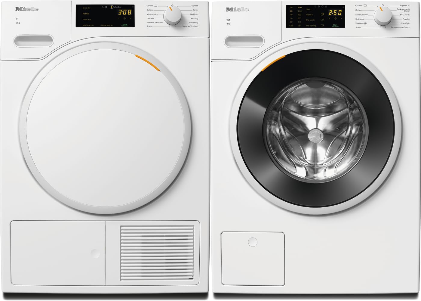 Miele Extra Quiet Washing Machine WWD 120 WCS: 8 kg, 1400 rpm and Miele Energy Efficient Heat-Pump Dryer TWC 220 WP 8kg, Perfectly Dried Cloth