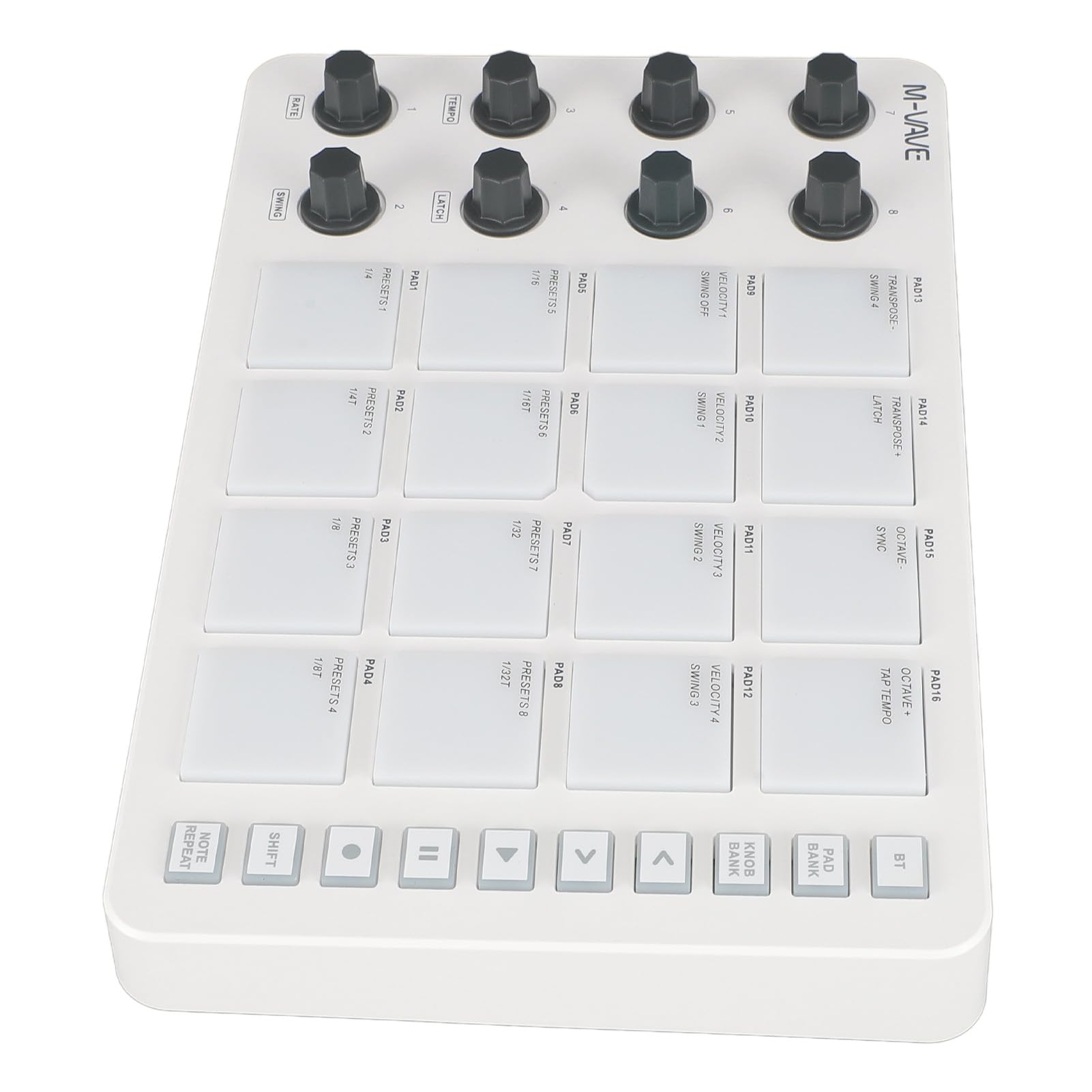Bewinner Tragbarer Bluetooth-MIDI-Controller, 16 RGB-beleuchtete Drum-Pads mit 8 Zuweisbaren Knöpfen, Notenwiederholung, Geringe Latenz, Kabelloser MIDI-Pad-Controller für Live FL Studio Logic Pro X