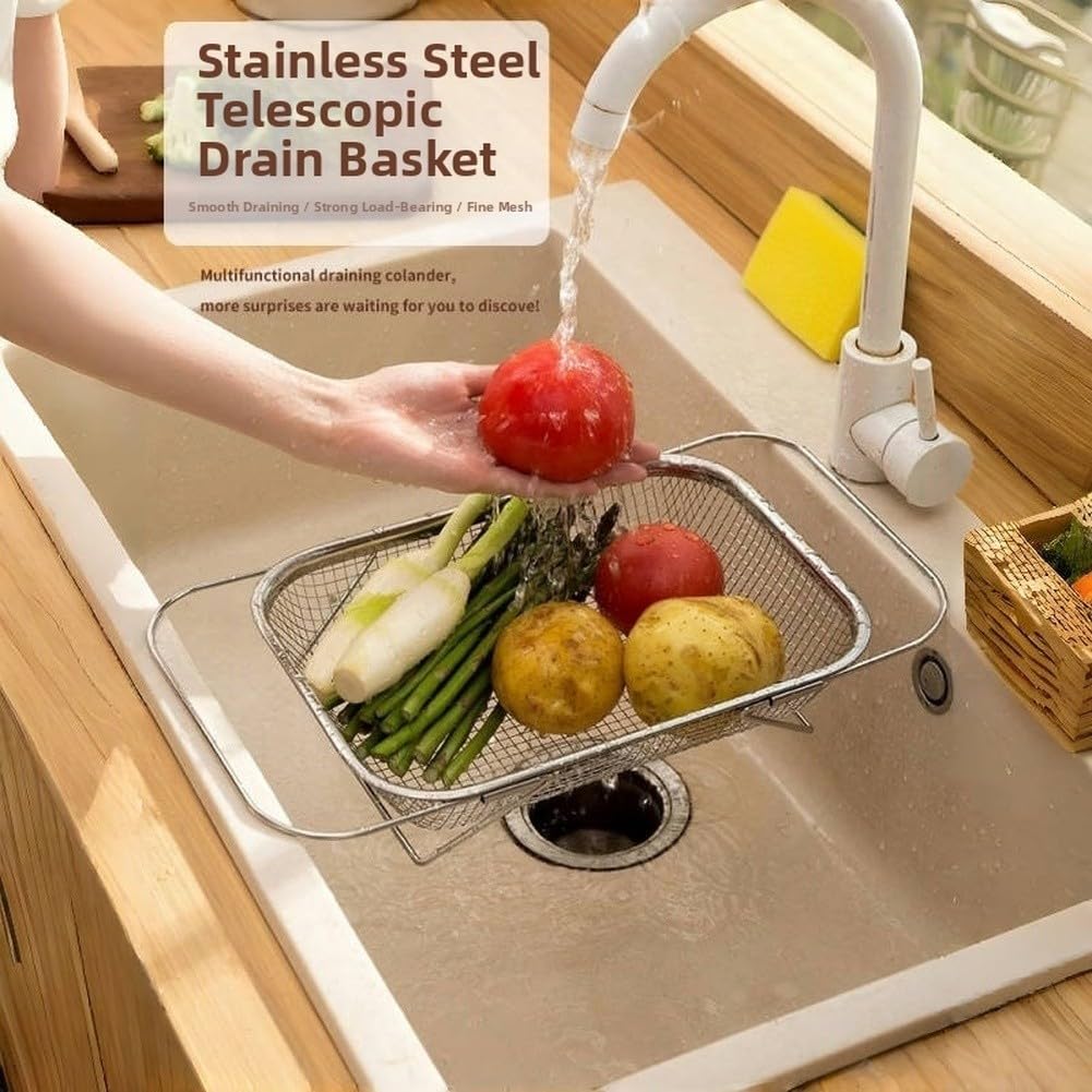 Colander de acero inoxidable con diseño telescópico ajustable para fregaderos de 31 cm y 51,5 cm, fruta eficiente para drenaje vegetal