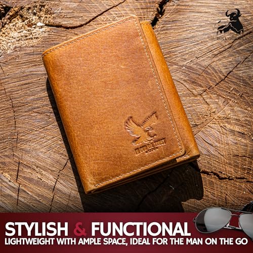 Image of BULL GUARD Trifold Wallet with RFID For Men, Genuine Real Leather - Top Grain Cowhide Tan, Durable & Compact Tri-Fold Design with Strong Stitching for Comfortable Pocket Fit, Secure Everyday Carry