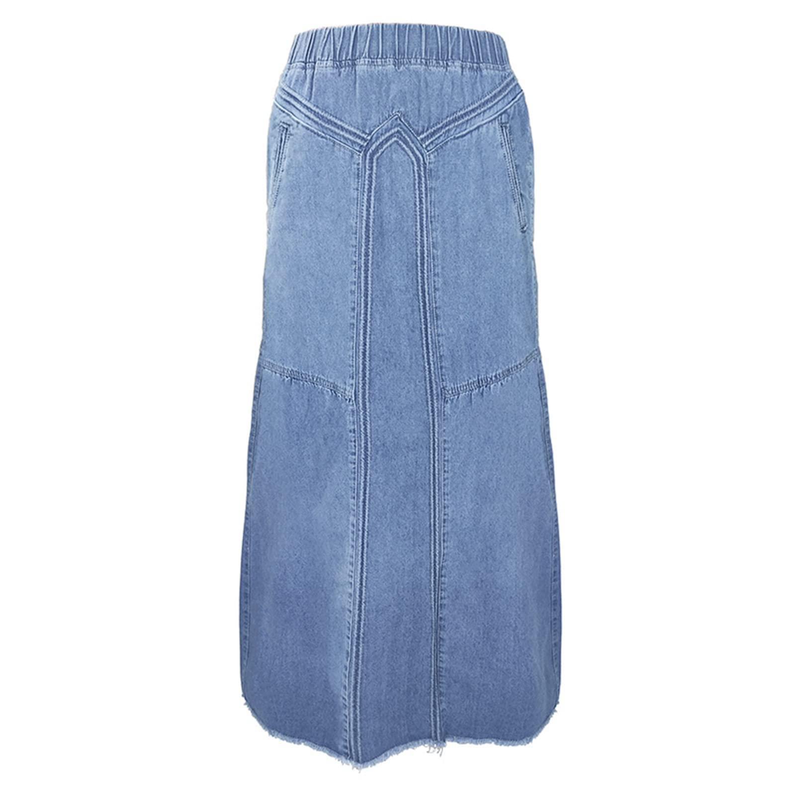 Falda de mezclilla de las mujeres suelta falda de señora de color sólido cintura elástica rasgada retro falda de verano ropa diaria azul claro M