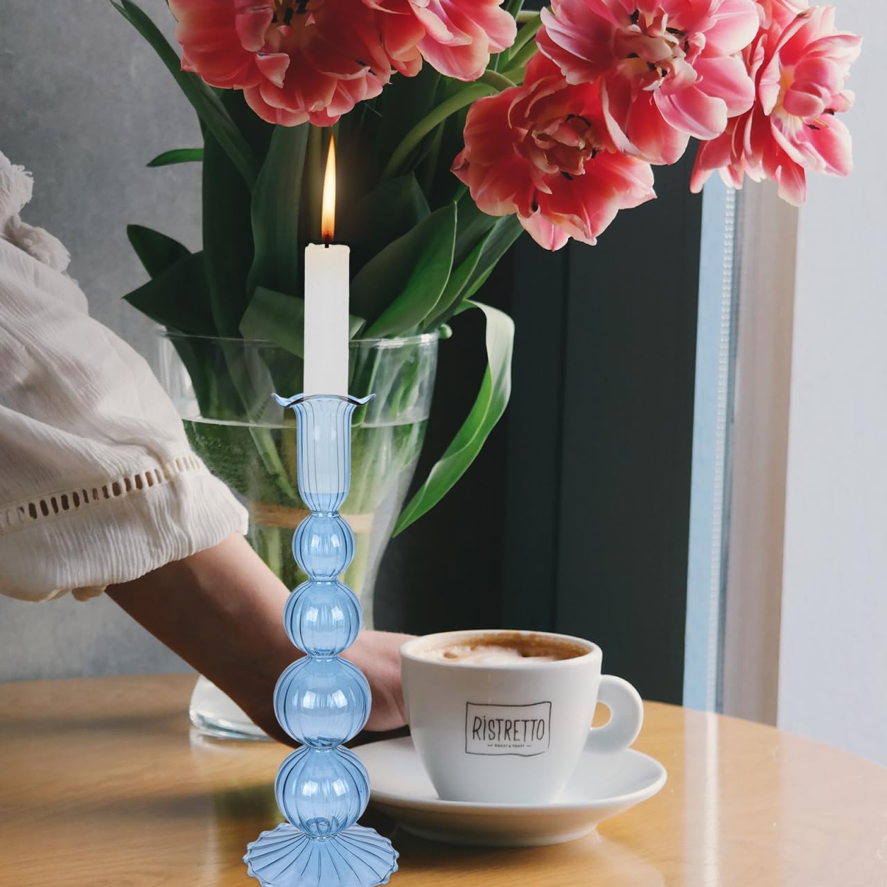 UPKOCH Blue Glass Candlestick Holder 10.4 Inch French Style Taper Candle Stand for Dining Table Decor Wedding Centerpiece Vintage European Candleholders