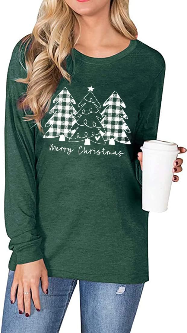 Merry Christmas Tshirt for Women Plaid Christmas Trees Graphic Tee Tops Casual Long Sleeve Xmas Shirt Blouse - Image 3