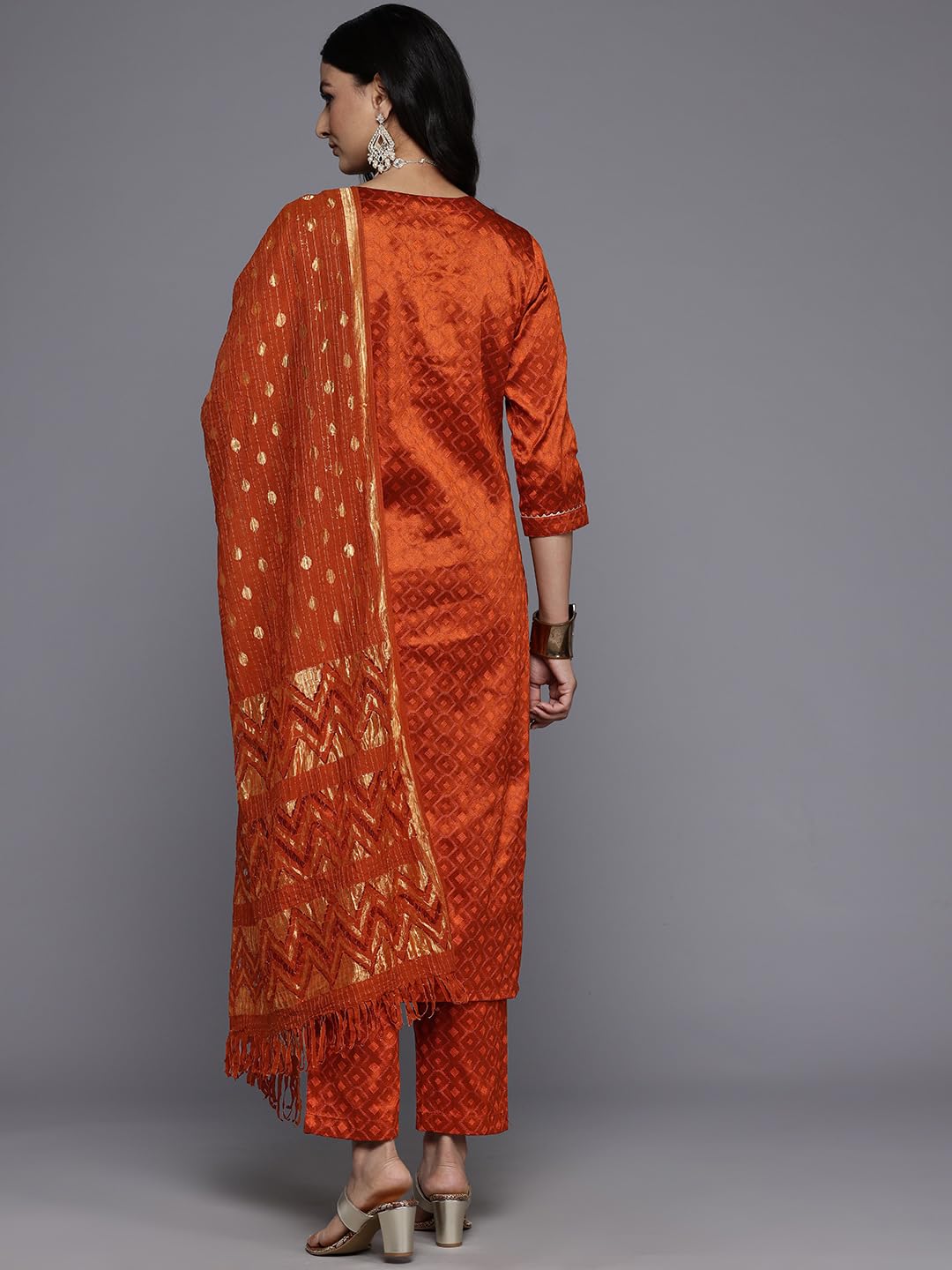 Varanga Women's Rust Round Neck Woven Design Gotta Embellished Straight Kurta Paired With Bottom And Dupatta
