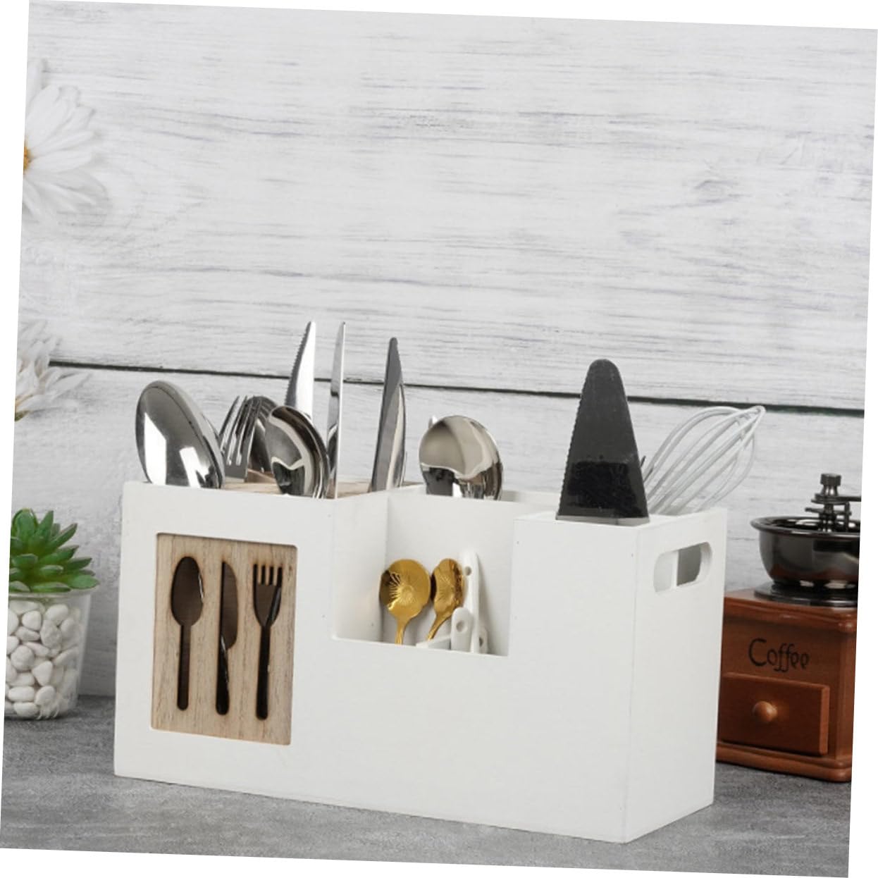 Healifty Porta Utensilios y Organizador De Cubiertos De Madera 28x12x15 Cm, Sin Tapa, Estante Múltiples Compartimentos Para Cocina y Hogar, Diseño Compacto Para Uso Diario