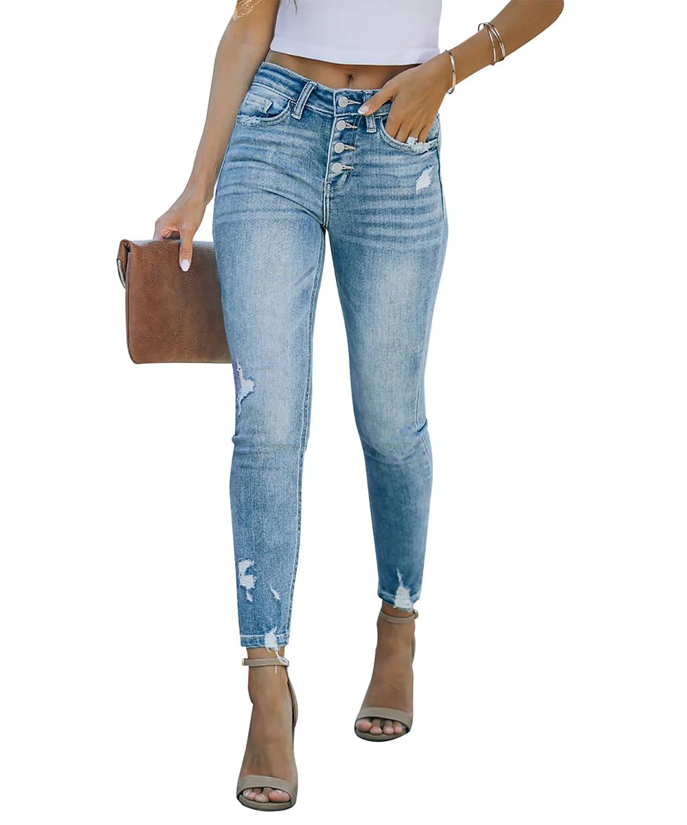KUNMI Pantalones vaqueros rasgados ajustados para mujer, desgastados, elásticos, desgastados
