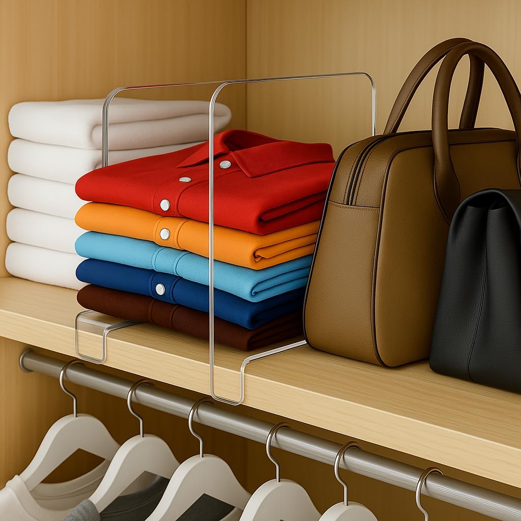 Printable - Clear Acrylic Shelf Dividers for Closet and Pantry – Set of 4 Clip-On Organizers for Cabinet Shelves – Durable 2mm Thick Divider with Labels