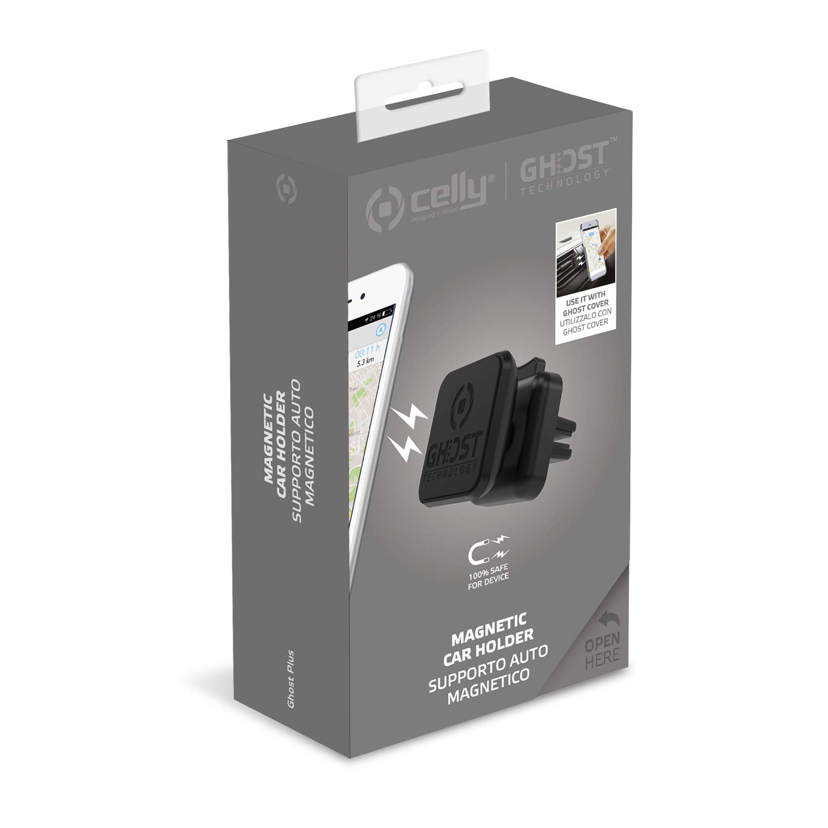 Celly Ghost Plus Supporto da Auto per Smartphone con Fissaggio Magnetico, Nero (Confezione da 2)