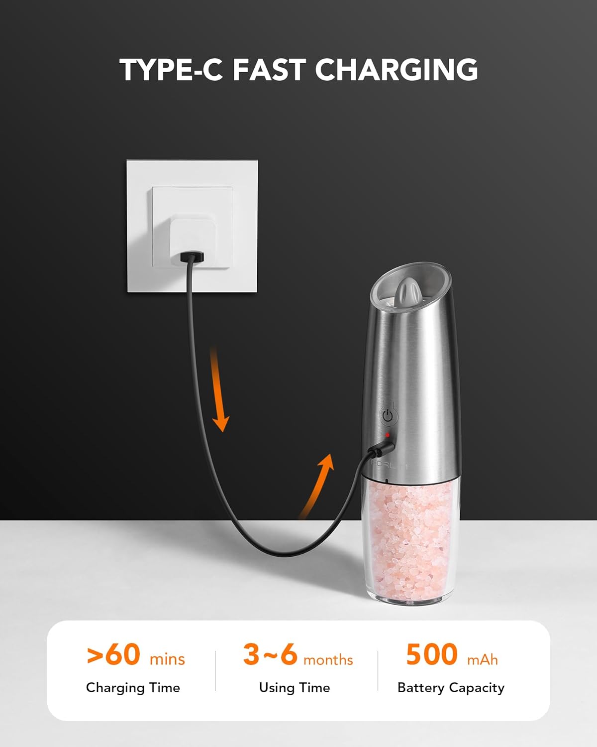 FORLIM electric grinder being charged via USB-C cable