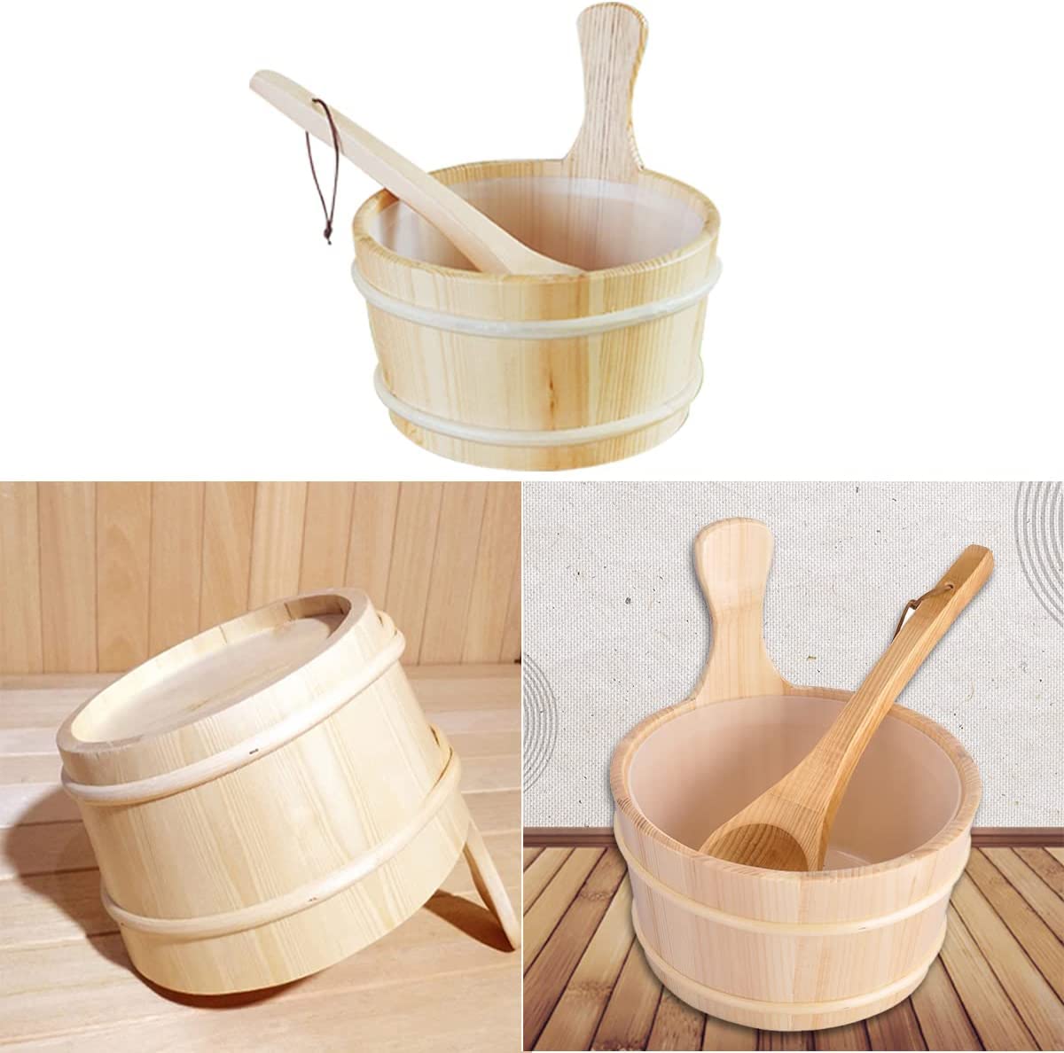 Cubo Sauna, 4 L Juego Completo Sauna Cubo Sauna con Cucharón Madera Pino Finlandés Accesorios Sauna Cubo Sauna Cubo Infusión (Cubo Sauna + Cucharón + Termómetro Higrómetro + Reloj Arena)