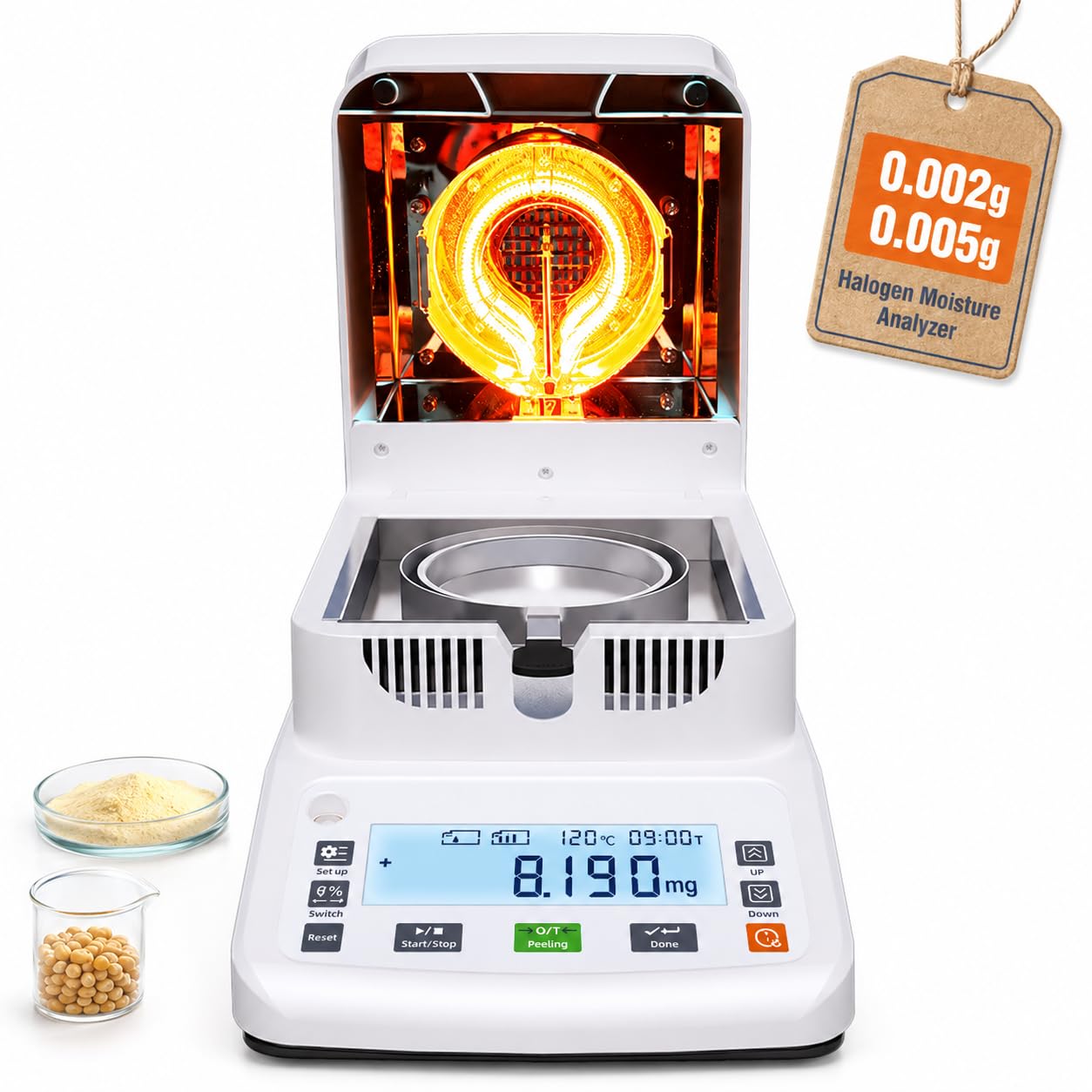 Medidor analizador de humedad halógeno - 0,005 g de alta precisión | Capacidad de 120 g | Calentamiento y secado rápidos a 40 ℃ -180 ℃, con pantalla táctil(0.002G)