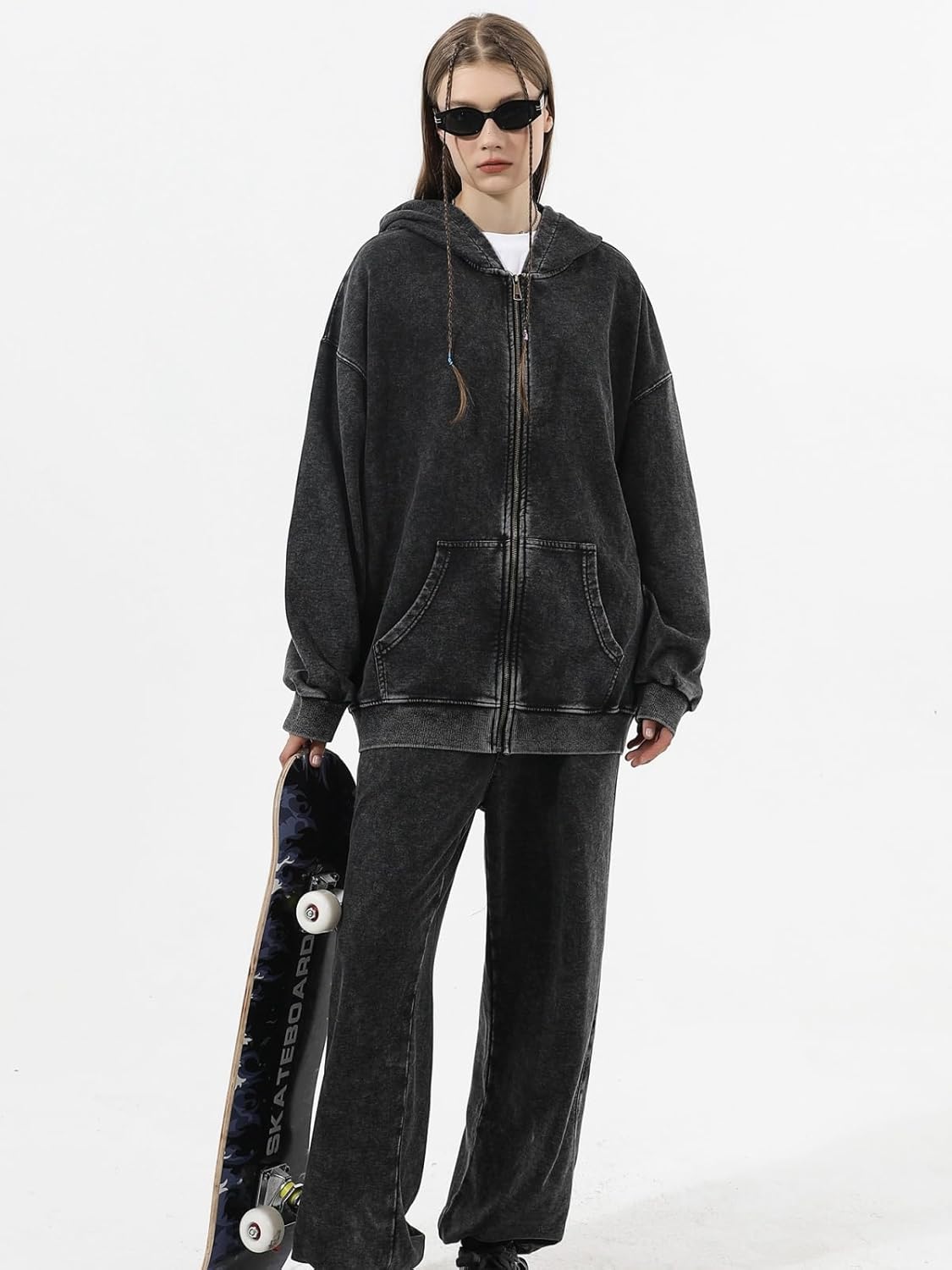 KEEPSHOWING Mens Oversized Sweatshirt Zip Up Hoodie Solid Wash Old Craft Basic Jackets Unisex Heavyweight Casual Sweatshirts - Image 5