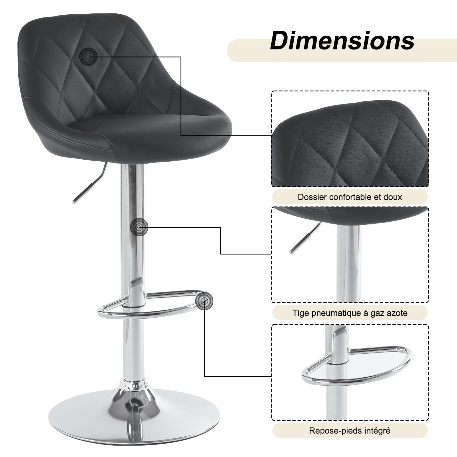 LEADZM Tabouret de Bar Lot de 2 Chaise de Bar Réglable Hauteur en PU Rotatif sur 360°, avec Dossier et Repose-Pieds (Noir)