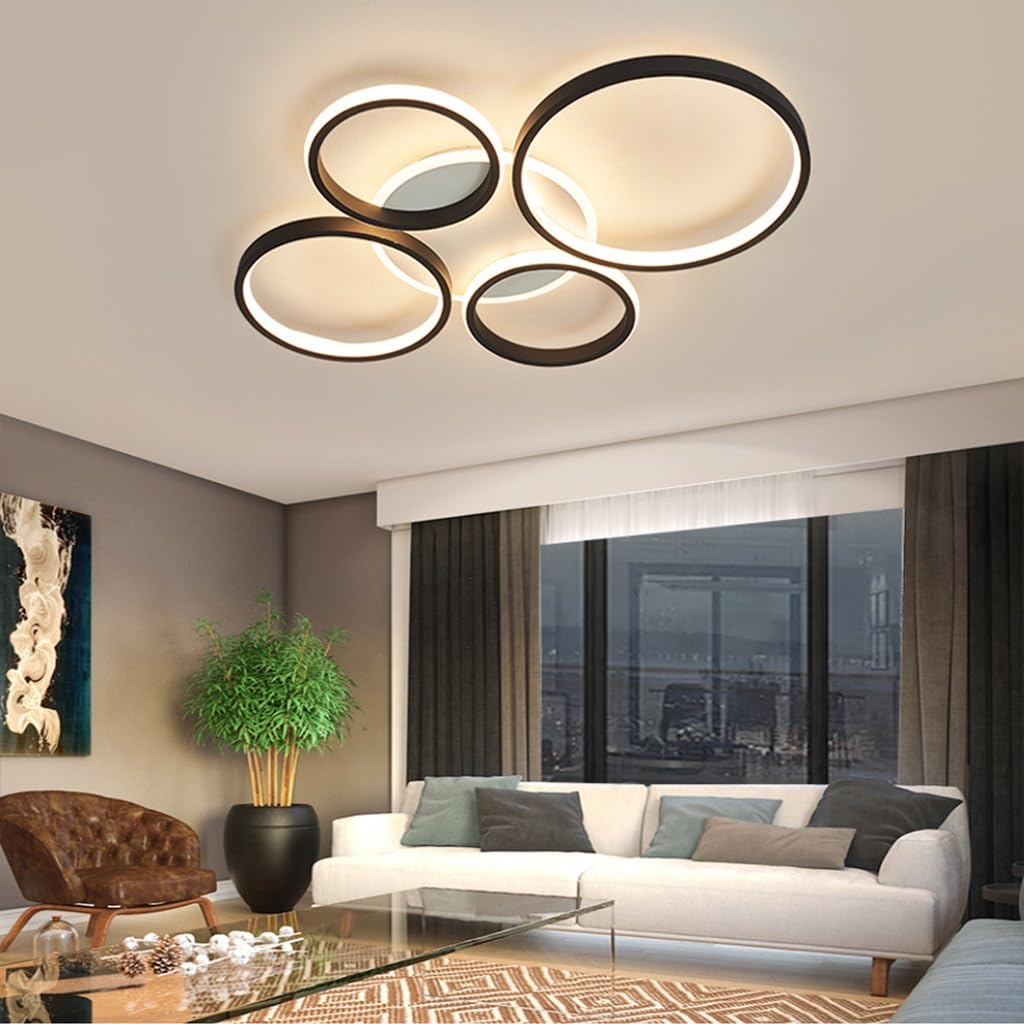 Nowoczesna lampa sufitowa LED do salonu, 6 pierścieni, okrągła czarna metalowa oprawa do sypialni, możliwość ściemniania, 3000 K-6500K, do restauracji, biura lub gabinetu, żyrandol wewnętrzny