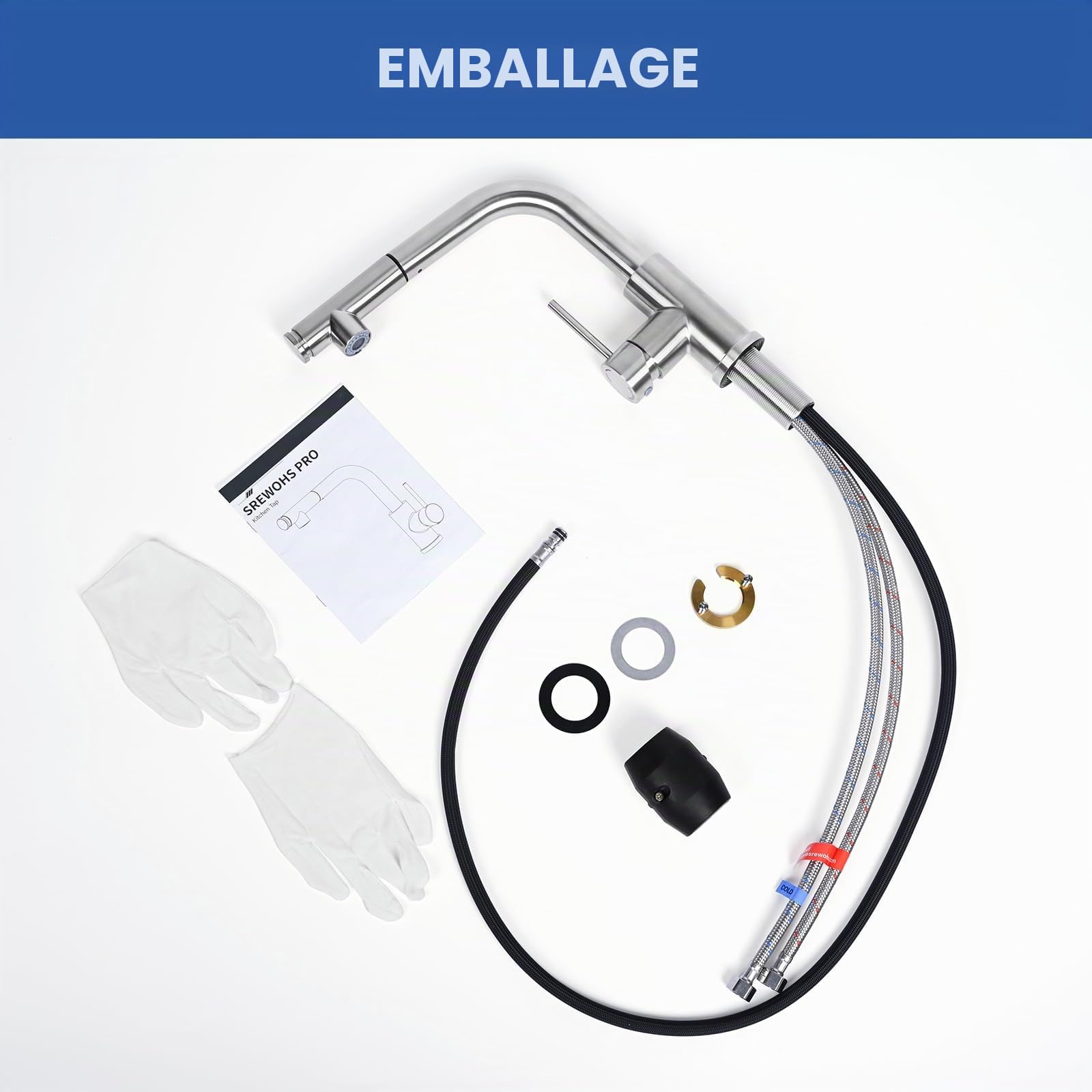 Mitigeur Robinet Cuisine - Robinetterie Evier Escamotable avec Douchette,Pivotant à 360,Deux Types de Jet d'eau,Acier Inoxydable,Forme en L Monolevier pour 1 Trou,Hauteur 27,3 cm,Nickel
