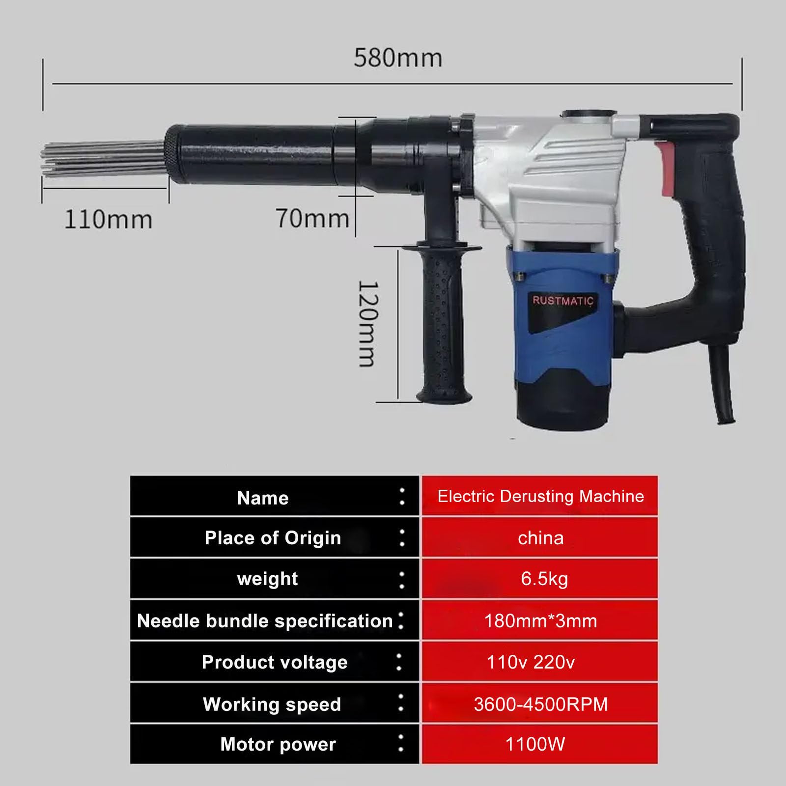 Desoxidante EléCtrico De Aguja, 1100 W, Pistola De Aguja Manual Para Eliminar óXido, Escoria De Soldadura Y Pintura. Limpiador De Escoria De Soldadura. 4500 Rpm. Ciclo De Trabajo: 30 Minutos.
