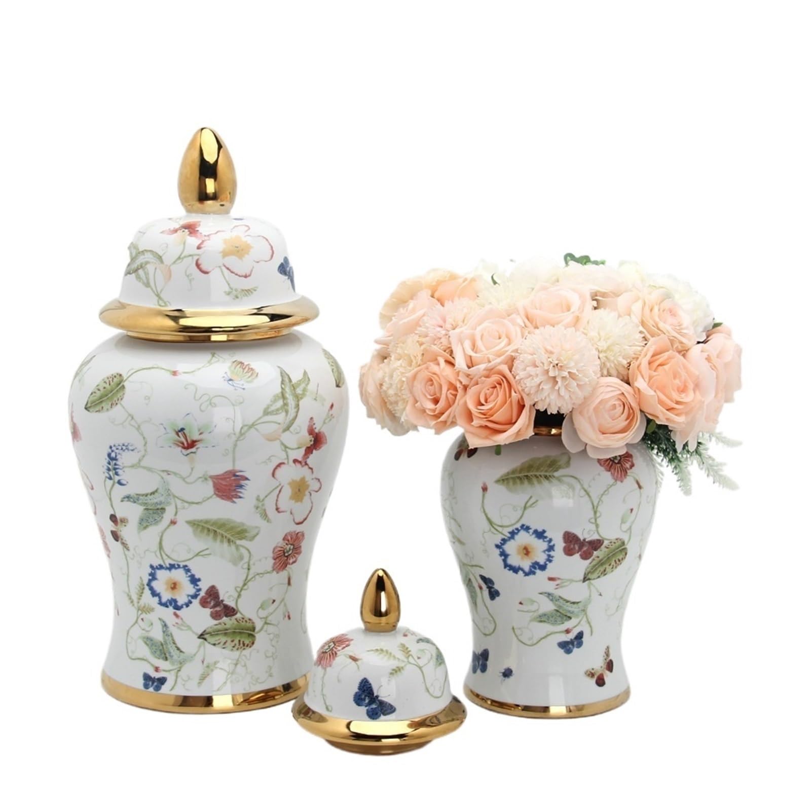 Vase Ceramic Decorative Arrangement Flower Bird Butterfly Ginger Jar Craft Decoration Flower Arrangement Canisters Storage Jars with Airtight Lids Flower Vases for Centerpieces (Color : Gold, Size :