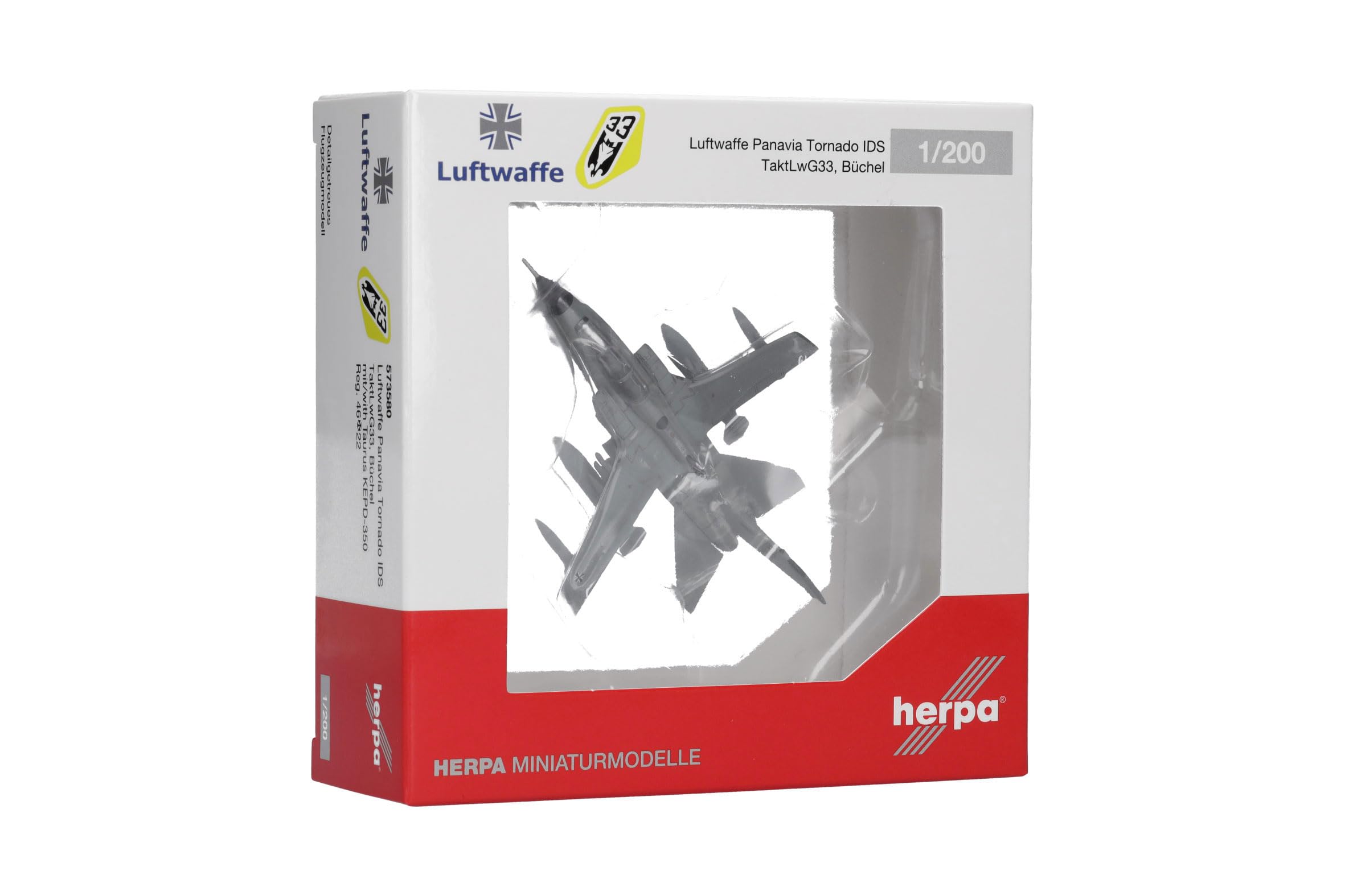 Herpa Modellflugzeug Luftwaffe Panavia Tornado IDS - TaktLwG 33, Büchel (with Taurus KEPD-350) Miniatur im Maßstab 1:200, Sammlerstück, Modell ohne Standfuß, Metall, Grau