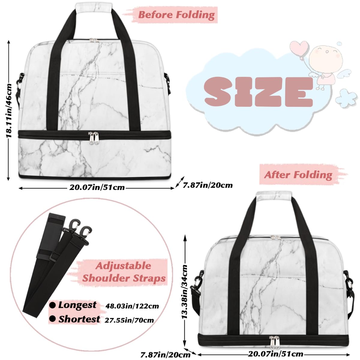 Bolsa de viaje plegable de mármol blanco con textura, bolsa de fin de semana de mármol de 47 litros con manga de carrito bolsa de hombro separada para deportes, gimnasio, viajes, multicolor, 47L,