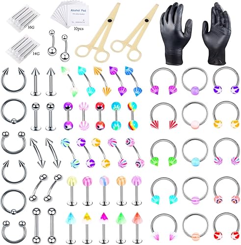 Piercing Kit, Jozaya Body Piercing Kit Stainless Steel Acrylic 14G 16G Piercing Kits for All Piercings Colorful Piercing Jewelry Belly Button Septum