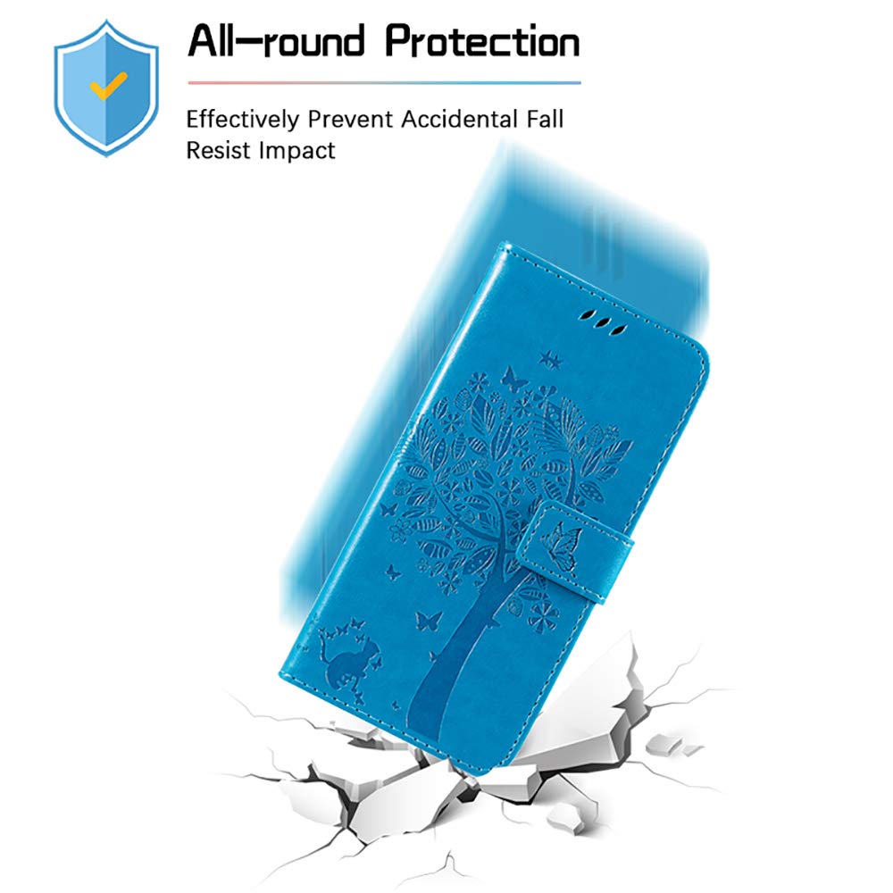 Topme Skórzane etui do Xiaomi Redmi 9C / Redmi 9C NFC/Redmi 10A 6.53, [etui na telefon w stylu kota i drzewa] - niebieskie