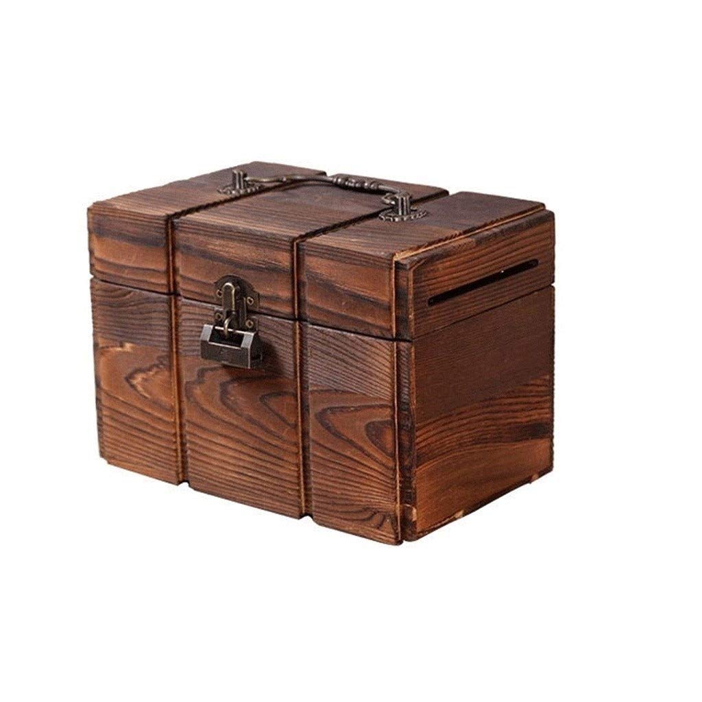 Solid Wood Piggy Bank with Lock Coin Large Capacity Retro Money Box Creative Adult Children's Banks(A)