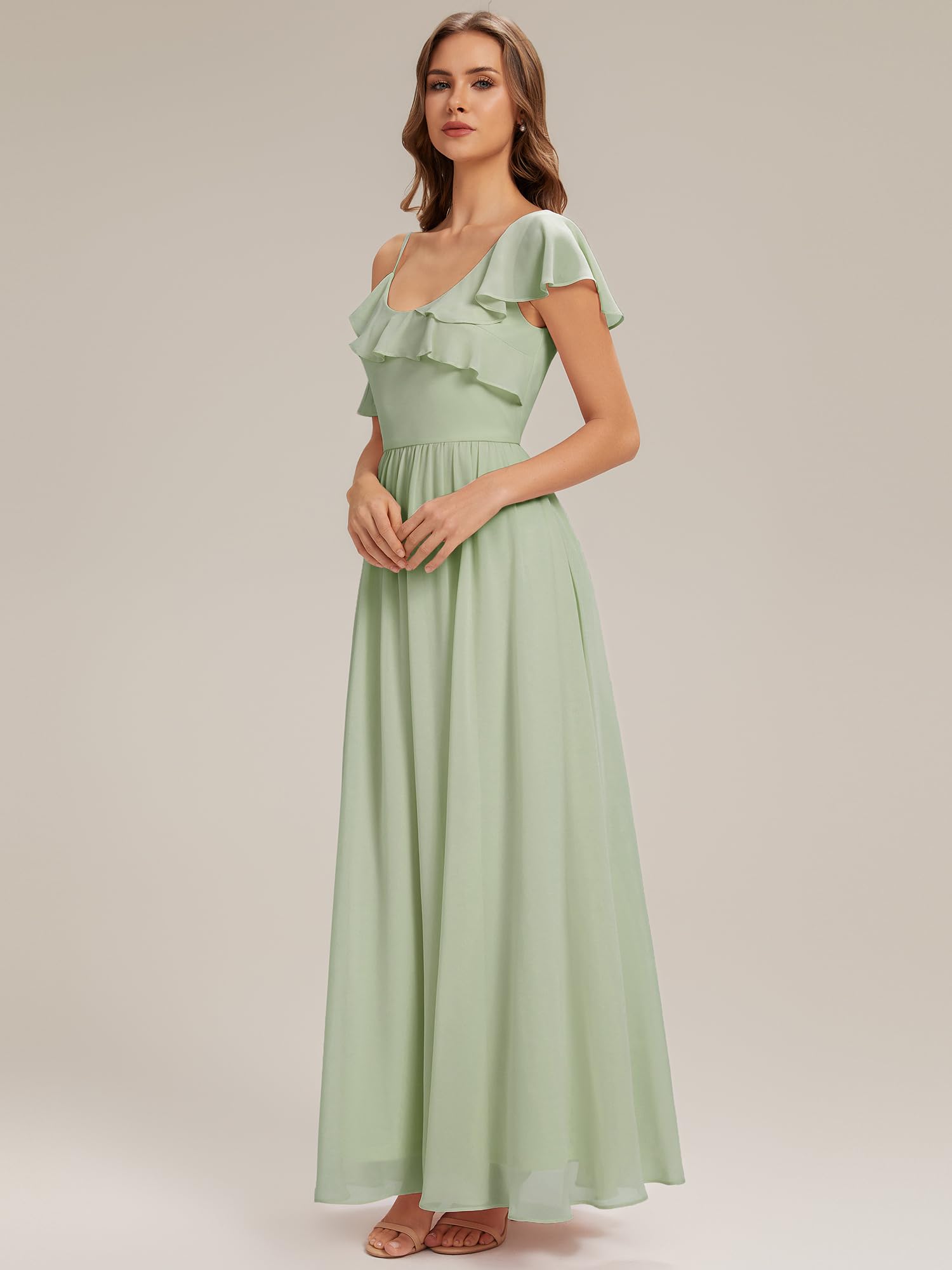 Ever-Pretty Abiti da Damigella Collo Asimmetrico Maniche Corte Chiffon Maxi Gonna Svasata ES02709