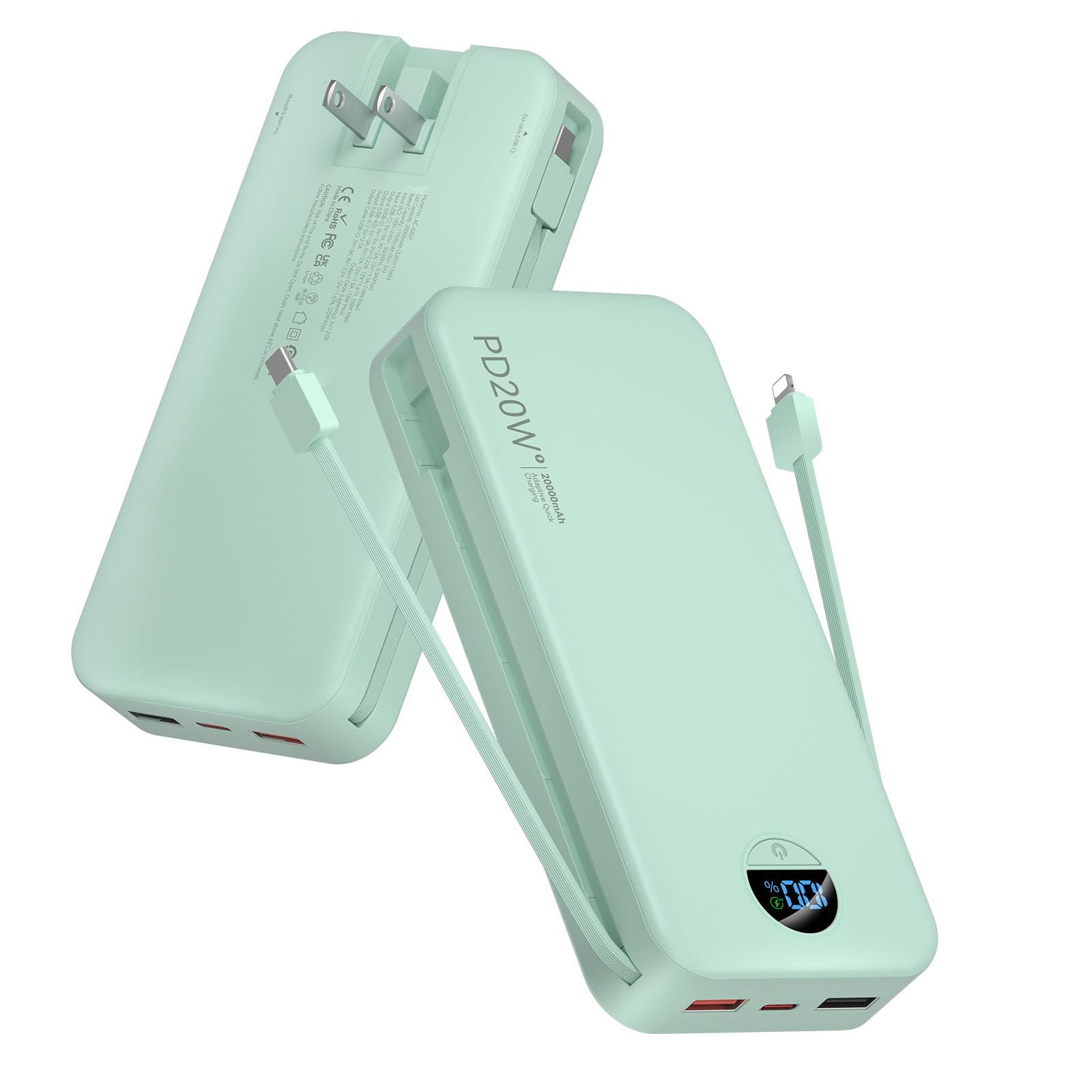 citicr Portable Charger 20000mAh PD20W w/Built-in Cables &amp; Wall Plug Green