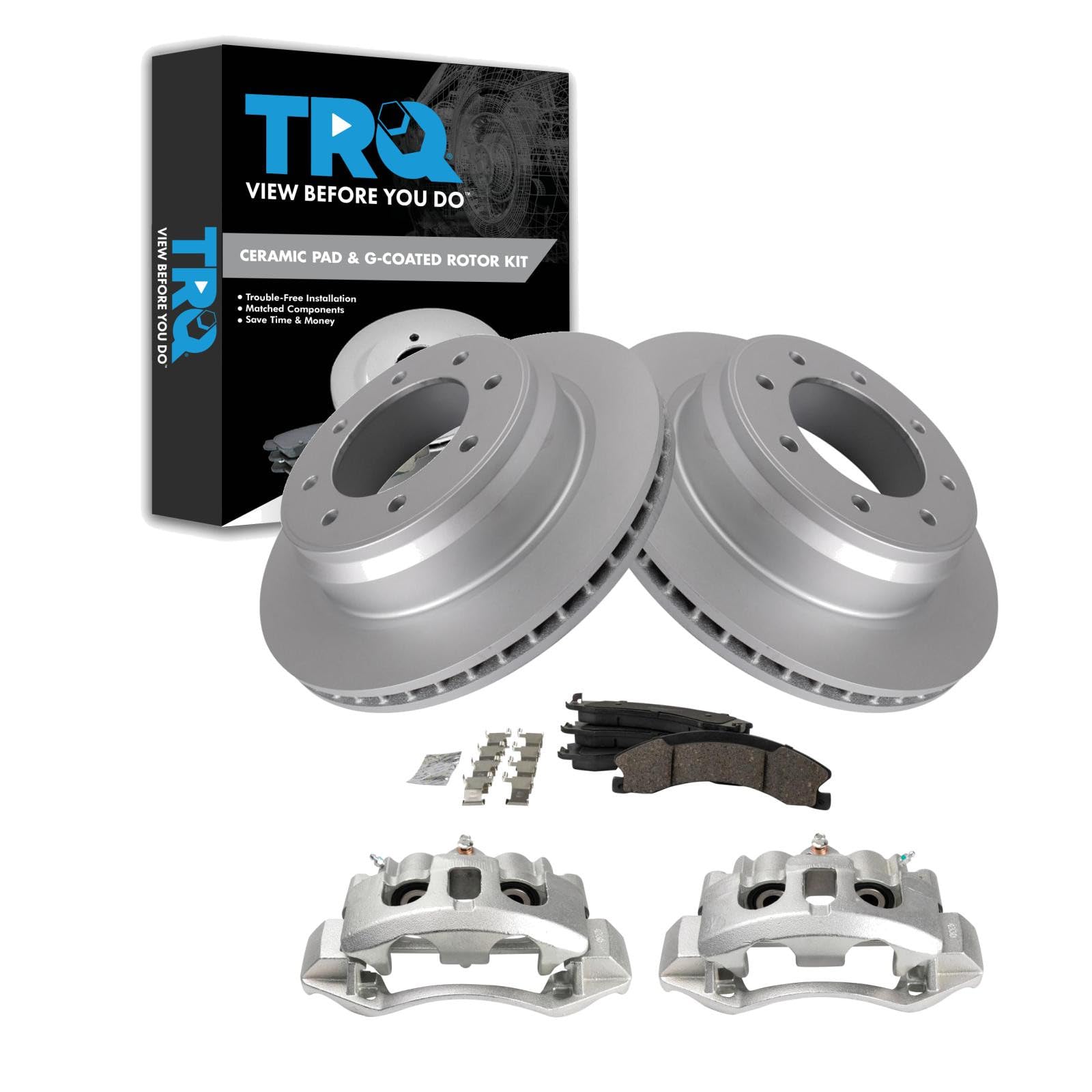 TRQ Rear Brake Pad, Caliper, &amp; Rotor Kit Ceramic Premium G-Coated Compatible with 2012-2021 Nissan NV1500 NV2500 NV3500