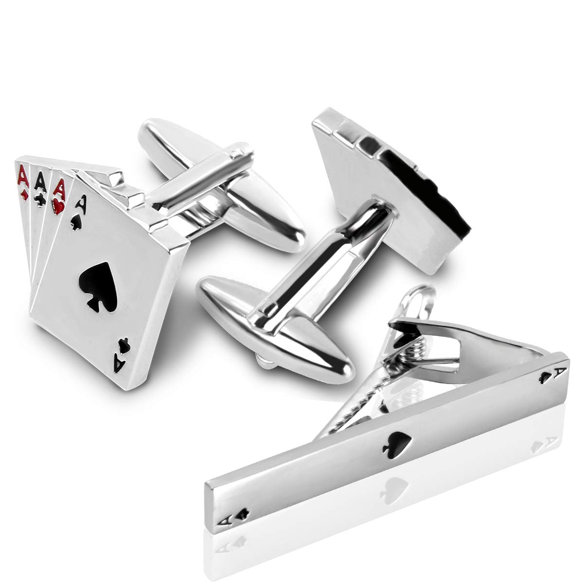 rhungiftMen's Jack Playing Cards Exquisite Cufflink and Tie Clip Set for Mens in a Presentation Gift Box-Four Aces 4A Poker Cufflinks Set For Vegas Casino Night Event Wedding Business