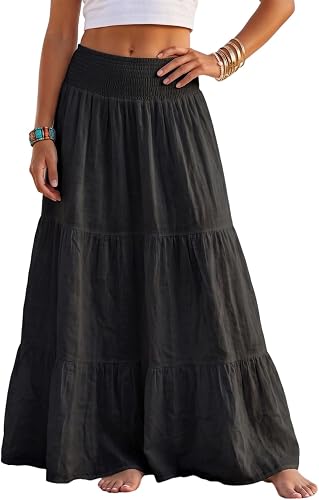 GQN Womens Summer Maxi Skirt Slit Tiered Flowy Boho A Line Ruffle Elastic High W
