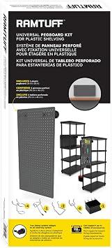 Ramtuff Universal PegBoard Kit for Plastic Shelving- Garage Storage Organizer with 14 Pegboard Accessories - Easy to Install