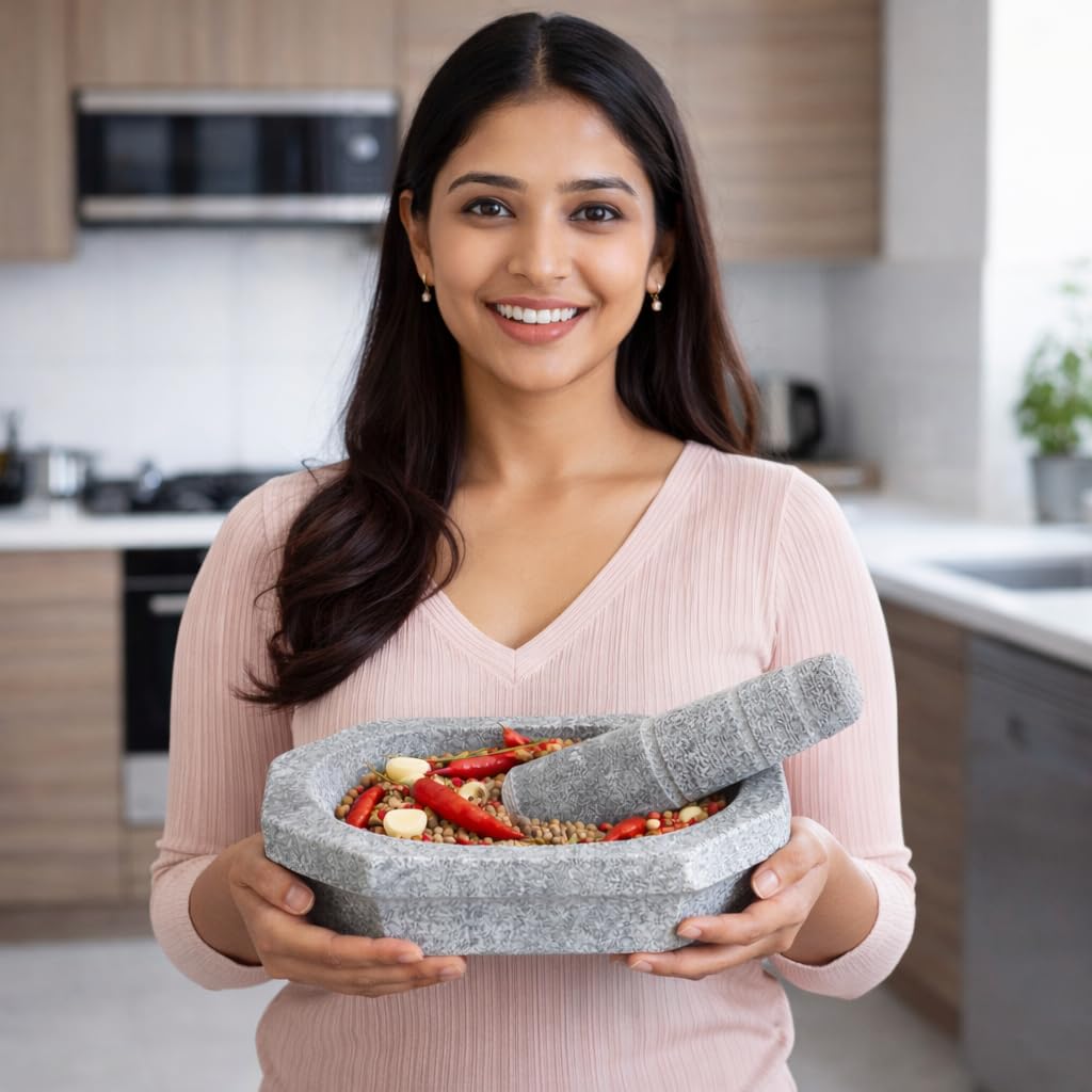 EZAHK Kalvam Stone Mortar and Pestle Set(10 inch, Big Size) Masher, Khalbatta, Kharal, Musal for Kitchen, Home, Herbs and Spices