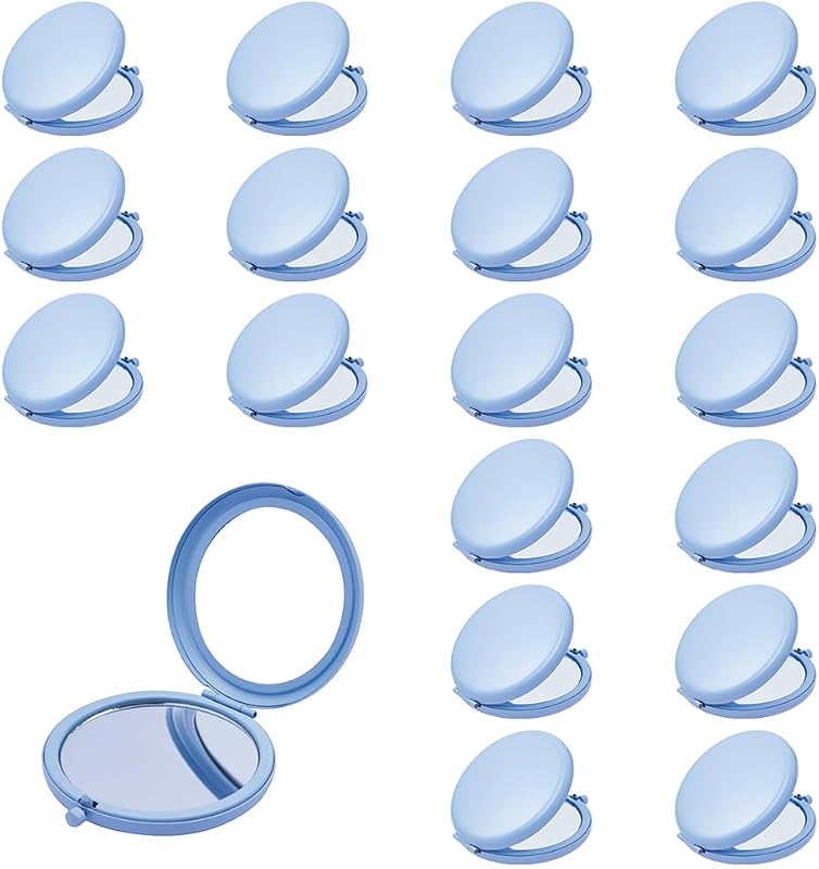 Espelho compacto redondo Daricano com estrutura metálica, dupla face 1X/2X, Baby Blue, pacote com 18
