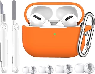 R-fun AirPods Pro Case Cover with Cleaner kit and 4 Pairs Replacement Ear Tips(XS/S/M/L), Full Protective Silicone for Apple AirPods Pro 2019 Charging Case - Orange