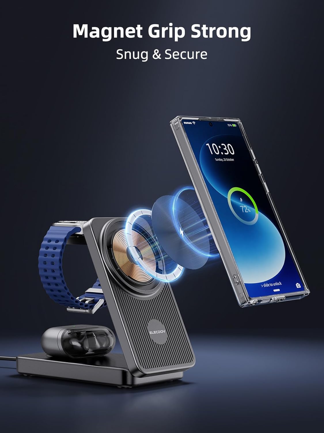 3 in 1 Magnetic Wireless Charger for Samsung, Foldable Android Charging Station for Galaxy S26/S25 Ultra /S24/Z Fold 7/Flip 7, Magnetic Watch Charger Stand for Galaxy Watch Ultra 8/7/Buds 4 for Travel