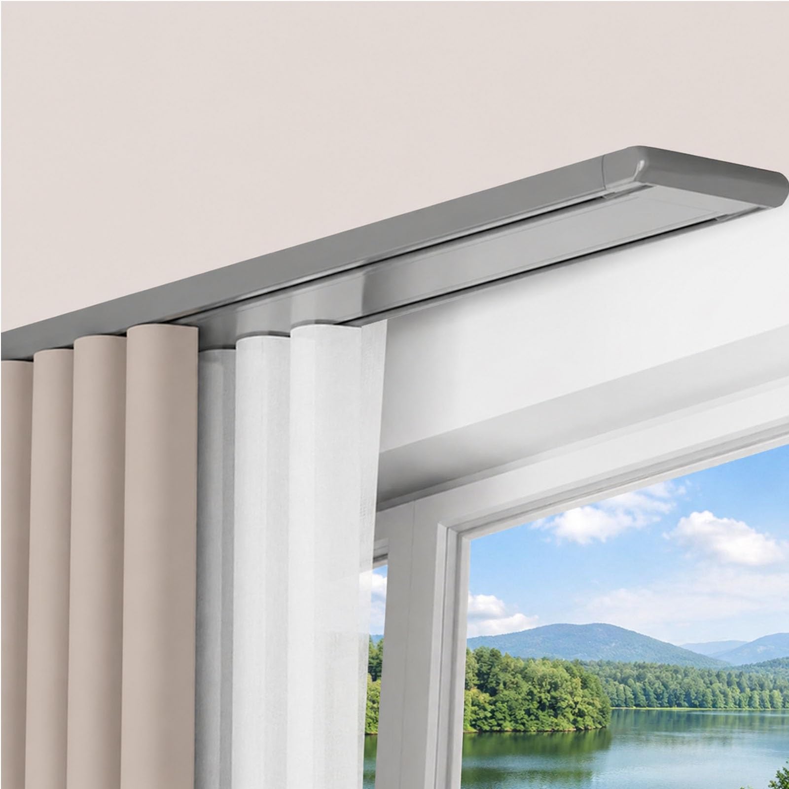 Ceiling Curtain Track Set Double Tracks Curtain Rails Dual Row Curtain Track Ceiling Mount Heavy Duty Aluminum Room Divider Track Double Ceiling Curtain Rail With Silent(Gray,1.2m(3.9ft))