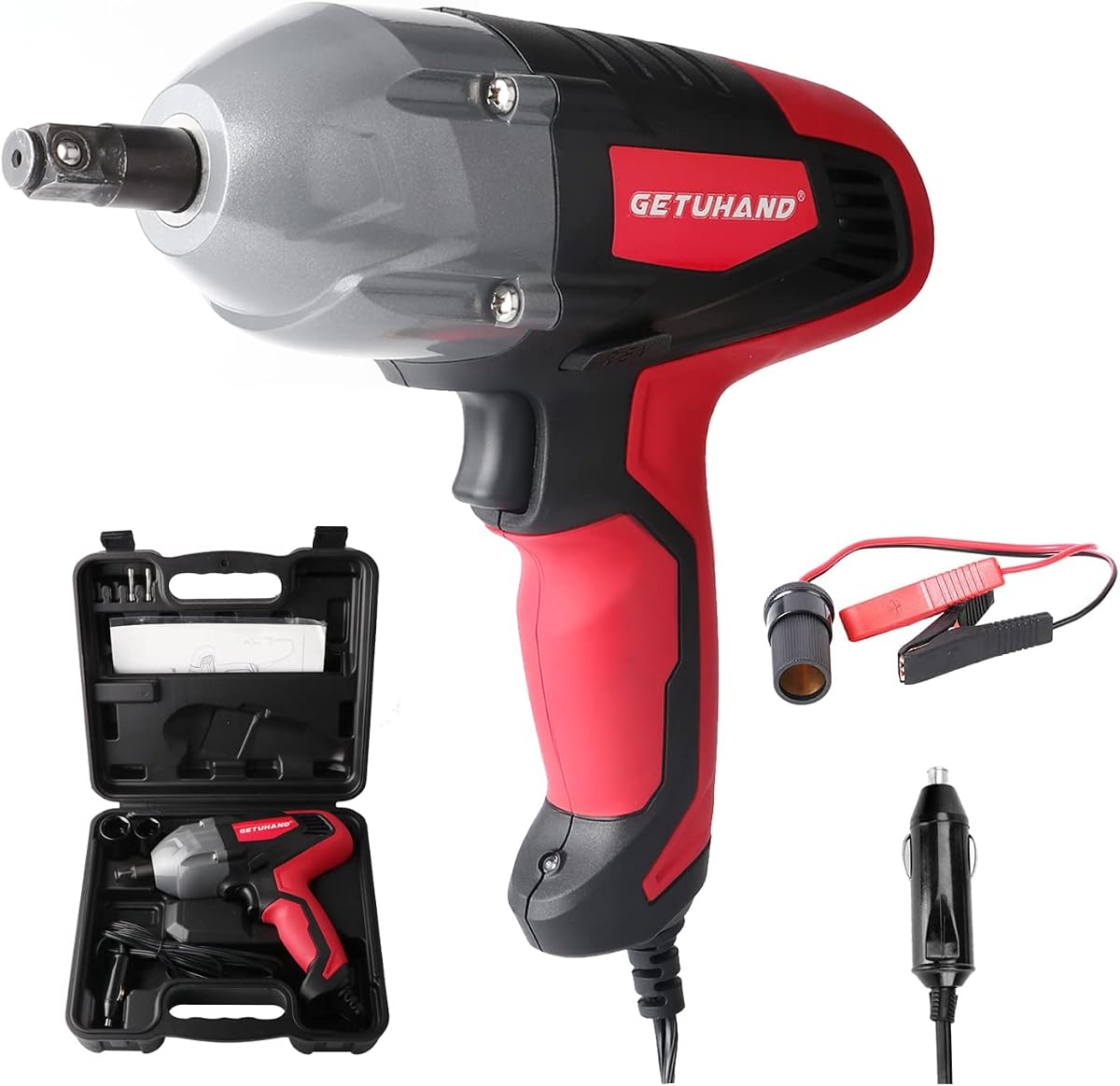 Llave de impacto eléctrica de 1/2 pulgada y 12 voltios 400 N.M 300 pies-libras de par máximo con accionamiento cuadrado fuerte de 1/2 pulgada, kit de llave de impacto portátil para automóvil con enchufes y estuche de transporte