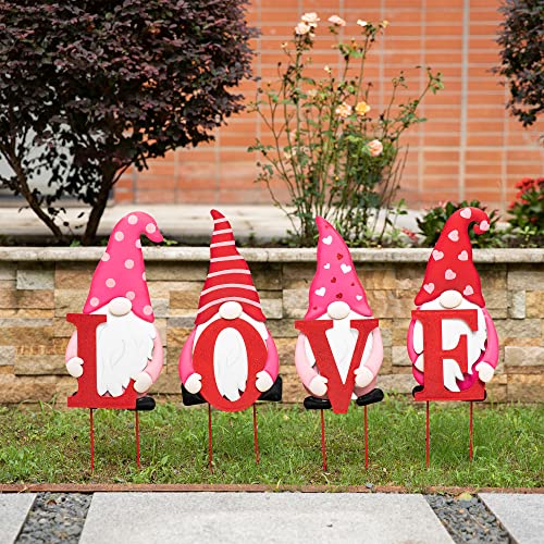 Glitzhome Valentine's Love Gnome Yard Stake, 4 Pcs Metal Yard Sign, 24" H Outdoor Lawn Yard Hanging Sign Decorations For Wedding Engagement Anniversary #TOP6